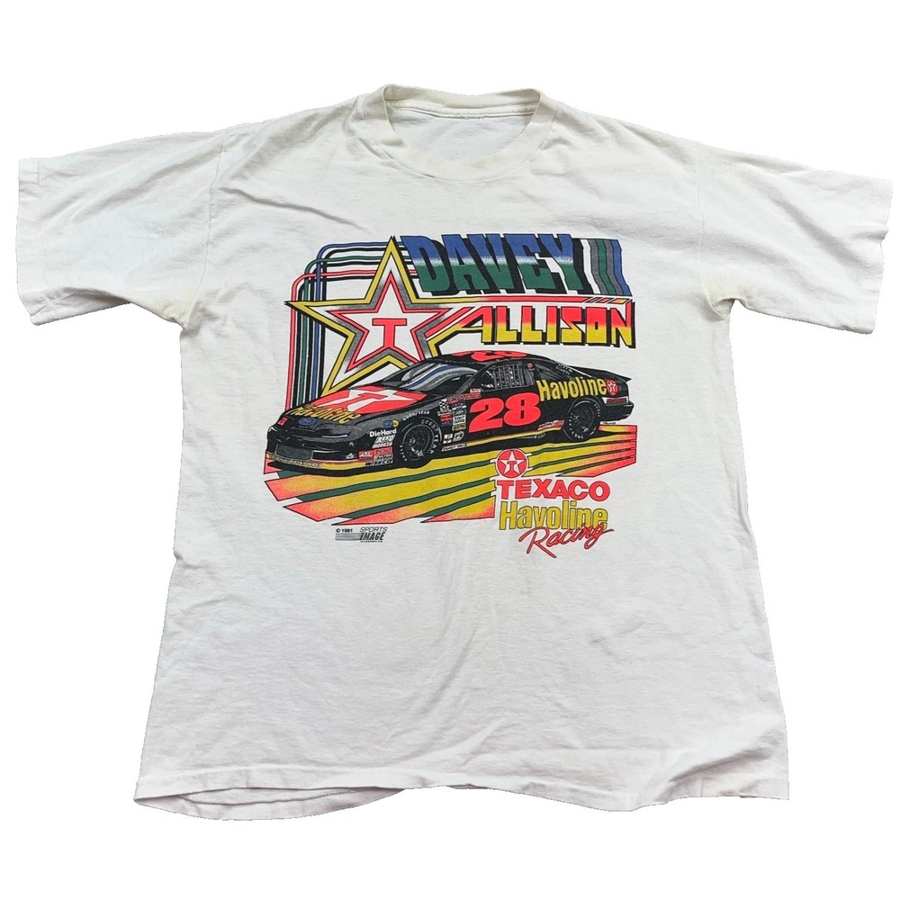 Vintage Davey Allison Shirt Men Large White Nascar 90s Single Stitch Havoline A5